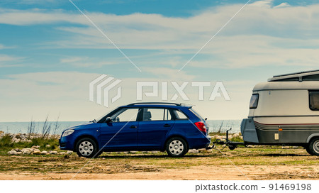 Caravan trailer camping on coast, Spain. 91469198