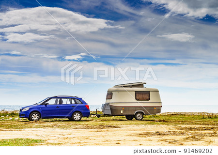 Caravan trailer camping on coast, Spain. 91469202