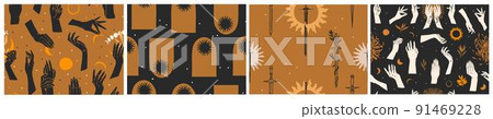 Hand drawn vector abstract flat stock graphic illustration seamless pattern collection set with magic astrology celestial golden moon phases,sun and stars,contemporary mystic and simple collage shape. 91469228