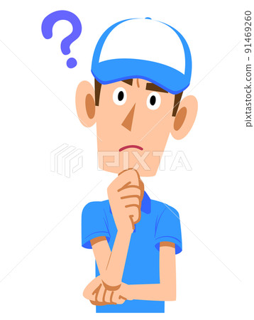 A questionable expression of a male staff wearing a short-sleeved polo shirt and a hat. Upper body A questionable expression of a male staff wearing a short-sleeved polo shirt and a hat. Upper body 91469260
