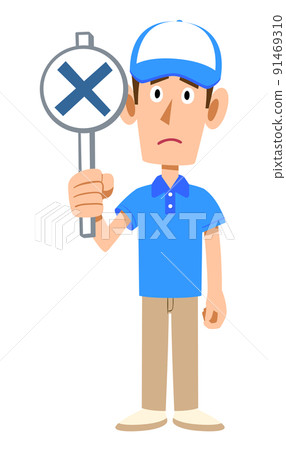 A gesture of raising an incorrect tag of a male staff wearing a hat in a short-sleeved polo shirt A gesture of raising an incorrect tag of a male staff wearing a hat in a short-sleeved polo shirt 91469310