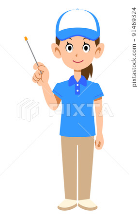 一名身穿短袖polo衫和帽子的女工作人員拿著指針 91469324