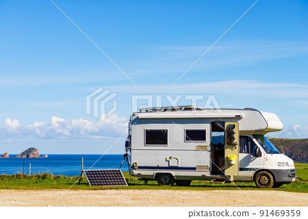 Solar photovoltaic panel at caravan on coast Solar photovoltaic panel at caravan on coast 91469359