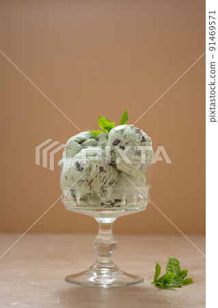 Scoop of mint ice cream with chocolate chips in glass bowl Scoop of mint ice cream with chocolate chips in glass bowl 91469571