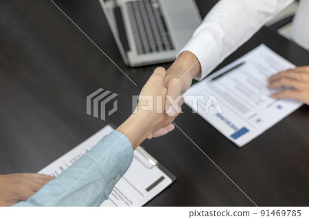 Employer or HR department welcomes new employees, Shaking hands with congratulations or achieving business and income success, selection of new staff representatives, Qualified, Hand shake concept. 91469785