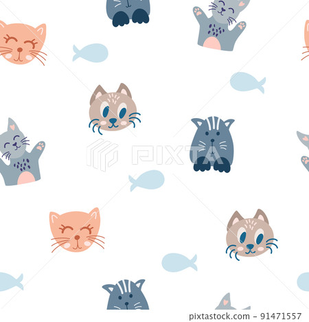 Cats and fish seamless pattern. Cute kitten faces and fish skeleton. Creative nursery background. Perfect for kids design, fabric, packaging, wallpaper, textiles, clothing. Vector cartoon illustration 91471557