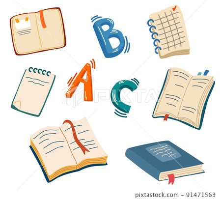 Books and English letters. Set for learning to read, language, literature and notebooks. School supplies. Study. Vector cartoon illustration isolated on the white background. 91471563