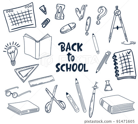 School supplies. Back to school. Big set of doodle hand draw school items. Books, pencils, pens, notebooks, erasers, paper, clips, compasses. Study. Vector illustration School supplies. Back to school. Big set of doodle hand draw school items. Books, pencils, pens, notebooks, erasers, paper, clips, compasses. Study. Vector illustration 91471605