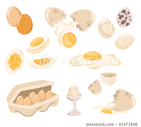Eggs set. Fresh and boiled eggs. Broken with a cracked eggshell, in a cardboard box and half an egg. Organic agricultural product. A culinary ingredient for breakfast. Vector hand draw illustration Eggs set. Fresh and boiled eggs. Broken with a cracked eggshell, in a cardboard box and half an egg. Organic agricultural product. A culinary ingredient for breakfast. Vector hand draw illustration 91471606