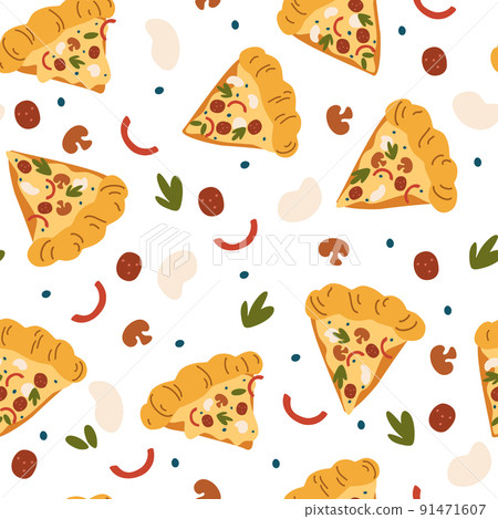 Pizza seamless pattern. Pizza slices with mozzarella, salami, herbs, mushrooms and pepper. Doodle fast food background. For wrapping paper, textile, wallpaper, restaurant or cafe. Vector illustration 91471607