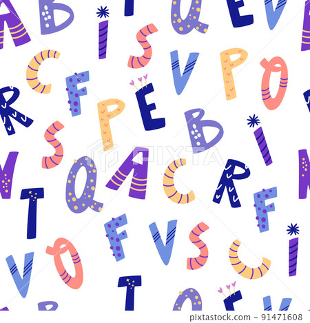 abc seamless pattern. Cute birthday alphabet print. Concept of learning English. Uppercase colorful letters for kids print, school carnival party, typography. Vector illustration 91471608