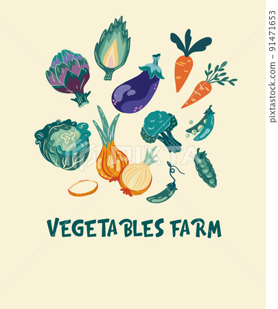 Vegetables set. Eggplant, cabbage, peas, carrots and onions. Fresh farm, organic food. Perfect for printing postcards of shops menus and restaurants. Cartoon Hand draw vector illustration.  91471653