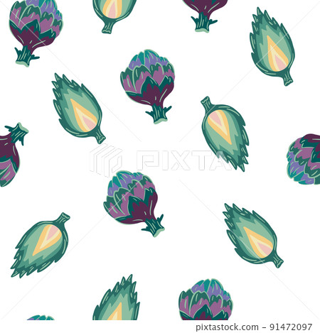 Artichokes seamless pattern. Green vegetable whole and half. Vegetarian Healthy Food. Farm market product. Great for menu, packaging design, fabric. Vector cartoon illustration Artichokes seamless pattern. Green vegetable whole and half. Vegetarian Healthy Food. Farm market product. Great for menu, packaging design, fabric. Vector cartoon illustration 91472097