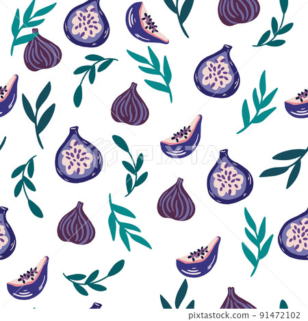 Figs and leaves seamless pattern. Background with exotic fruits in a hand drawn style. Great for fabric, papers, covers, interior decor textile. Vector cartoon illustration 91472102