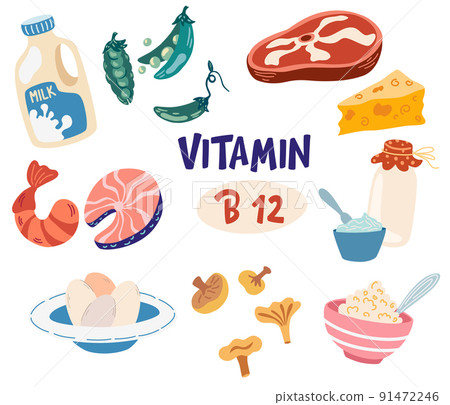 Vitamin B12 food products. Milk, yogurt, mushrooms, beef, seafood, beans and eggs. Dietary products, organic natural food. Vector cartoon illustration isolated on the white background. Vitamin B12 food products. Milk, yogurt, mushrooms, beef, seafood, beans and eggs. Dietary products, organic natural food. Vector cartoon illustration isolated on the white background. 91472246