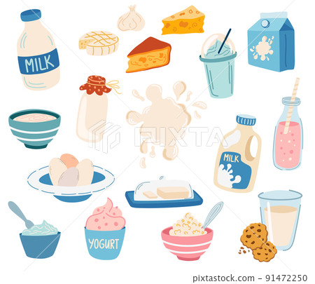 Dairy products. Milk, cream, butter, cottage cheese, eggs, cheese, yogurt. Calcium ingredient. Lactose. Healthy food. Vector cartoon illustration isolated on the white background. Dairy products. Milk, cream, butter, cottage cheese, eggs, cheese, yogurt. Calcium ingredient. Lactose. Healthy food. Vector cartoon illustration isolated on the white background. 91472250