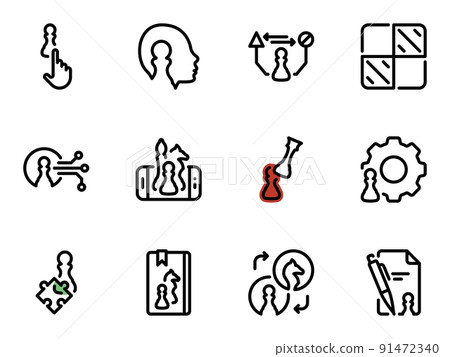 Set of black vector icons, isolated against white background. Illustration on a theme Learning chess strategy games. Artificial Intelligence, Books, and Game Records 91472340
