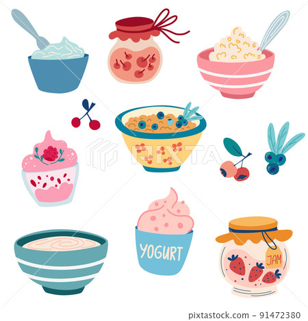 Porridge and yogurt with berries. Healthy breakfast. Dairy products. Vector cartoon illustration isolated on the white background. 91472380