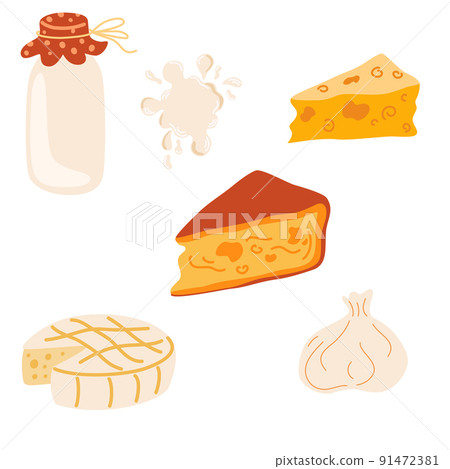 Different cheeses set. Slices of delicious cheeses. Cheddar, mozzarella, brie, gouda, feta and parmesan. Vector cartoon illustration isolated on the white background. 91472381