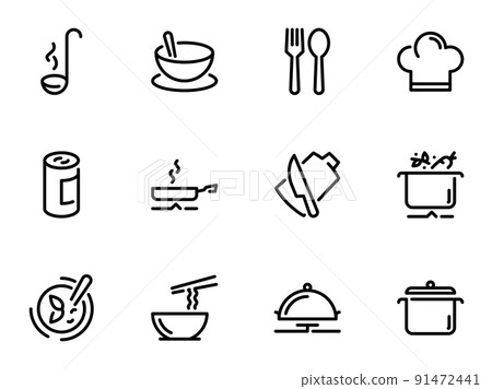 Set of black vector icons, isolated on white background, on theme Preparation of ingredients for cooking soup 91472441