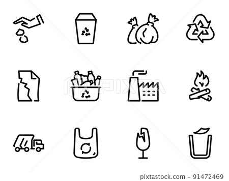 Set of black vector icons, isolated on white background, on theme Recycling and removal of garbage to landfill 91472469