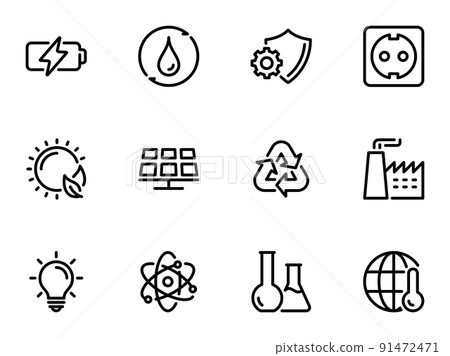Set of black vector icons, isolated on white background, on theme Environmental energy and the production of lithium-ion batteries Set of black vector icons, isolated on white background, on theme Environmental energy and the production of lithium-ion batteries 91472471