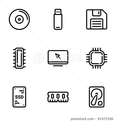 Set of black vector icons, isolated on white background, on theme Computer Memory Set of black vector icons, isolated on white background, on theme Computer Memory 91472506