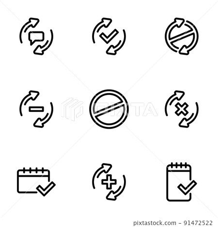 Set of black icons isolated on white background, on theme Check mark, line style Set of black icons isolated on white background, on theme Check mark, line style 91472522