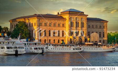 Nationalmuseum, or National Museum of Fine Arts, Peninsula Blasieholmen in central Stockholm, Sweden, at sunset 91473234
