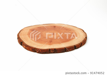 Wooden stand for a dish isolated on a white background. Tree trunk cut for product presentation demonstration 91474052