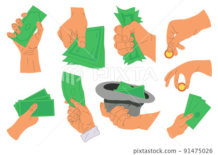 Human hands hold paper money backs. Cartoon flat human hands collection with cash money 91475026