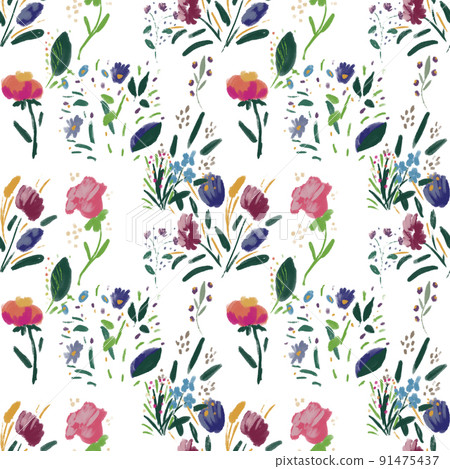 Seamless pattern with wildflowers on watercolor paper background. 91475437