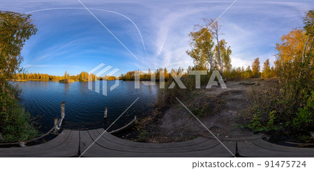 Full spherical 360 by 180 degrees panorama of evening autumnal lake with birch forest on its shores 91475724
