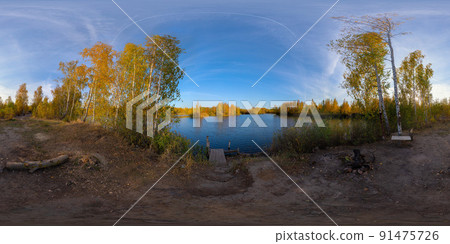 Full spherical 360 by 180 degrees panorama of evening autumnal lake with birch forest on its shores Full spherical 360 by 180 degrees panorama of evening autumnal lake with birch forest on its shores 91475726