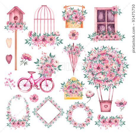 Watercolor vintage set with bicycle 91475750