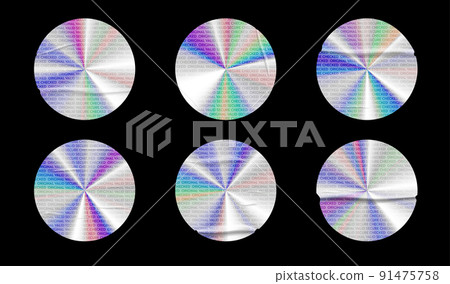 Holographic stickers with wrinkles set. Geometric shapes label with rainbow hologram. Vector elements for modern trend design. 91475758