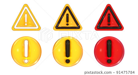 Caution signs 3d set. Hazard warning circle and triangle stickers. Danger, attention and important exclamation mark. Realistic vector render design element. 91475784