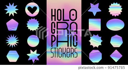 Holographic stickers set. Geometric shapes label with rainbow hologram and wrinkles. Vector elements for modern trend design. Holographic stickers set. Geometric shapes label with rainbow hologram and wrinkles. Vector elements for modern trend design. 91475785