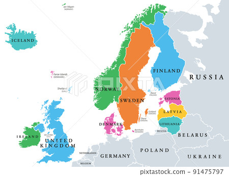 Northern Europe, subregion and geoscheme, political map. The islands offshore from mainland Northern Europe and countries of the main European continent. Color division for statistical purposes. Northern Europe, subregion and geoscheme, political map. The islands offshore from mainland Northern Europe and countries of the main European continent. Color division for statistical purposes. 91475797
