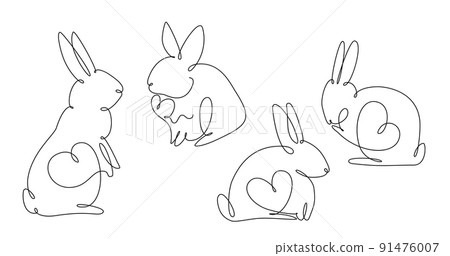 Easter bunny set continuous one line drawing. Rabbit simple image. Minimalist vector illustration. 91476007