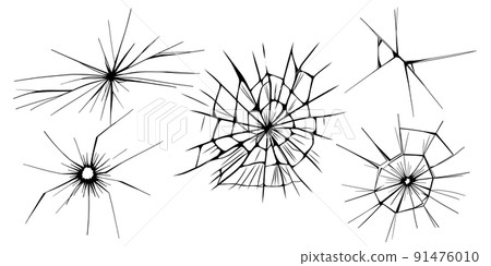 Glass cracks. Broken ice. Bullet marks on transparent surface, electronic display, window. Vector sketch illustration. 91476010