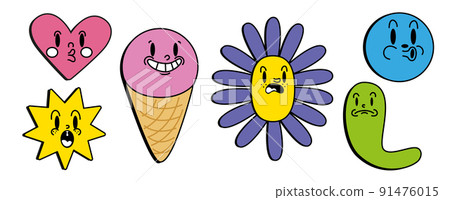 Retro 30s cartoon and comics characters faces. Traditional emotions stickers. Vintage characters for trending illustration. Retro 30s cartoon and comics characters faces. Traditional emotions stickers. Vintage characters for trending illustration. 91476015