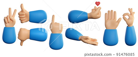 Human hands set in 3d cartoon style. Different fingers gesture for business and product concept. 3d high quality render isolated on white background. 91476085