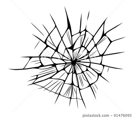 Glass cracks. Broken ice. Bullet marks on transparent surface, electronic display, window. Vector sketch illustration. 91476095
