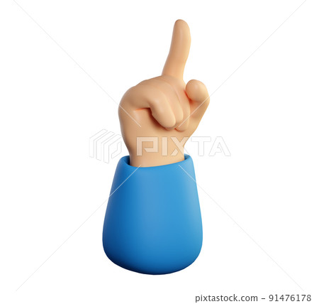 Pointing human hand. Touch, click or attention one finger sign of cartoon character. Realistic 3d high quality render isolated on white background. 91476178