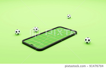 Football field on the smartphone screen and ball. 3d render Football field on the smartphone screen and ball. 3d render 91476784