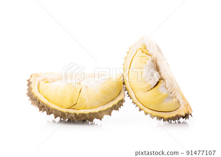 Piece of peel Durian fruit isolated on white 91477107