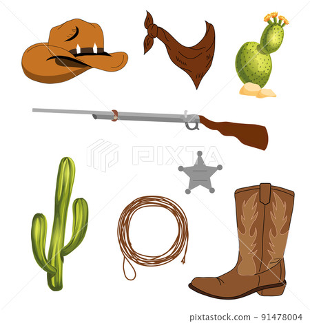 Wild west icons. Texas timber road sign, cactus, cow skull, cowboy hat isolated on white. 91478004