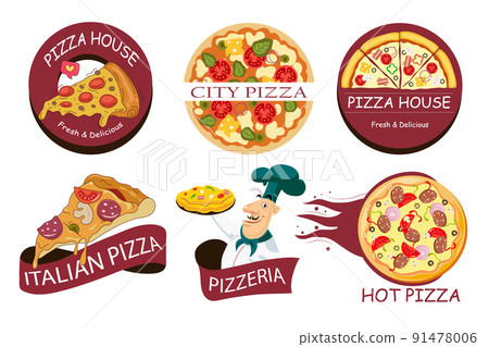 Pizzeria logotypes set. Cartoon Color Pizzeria Label Badge Sign Set Concept Flat Design Style. 91478006