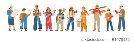 Builders and construction workers in helmets 91478173